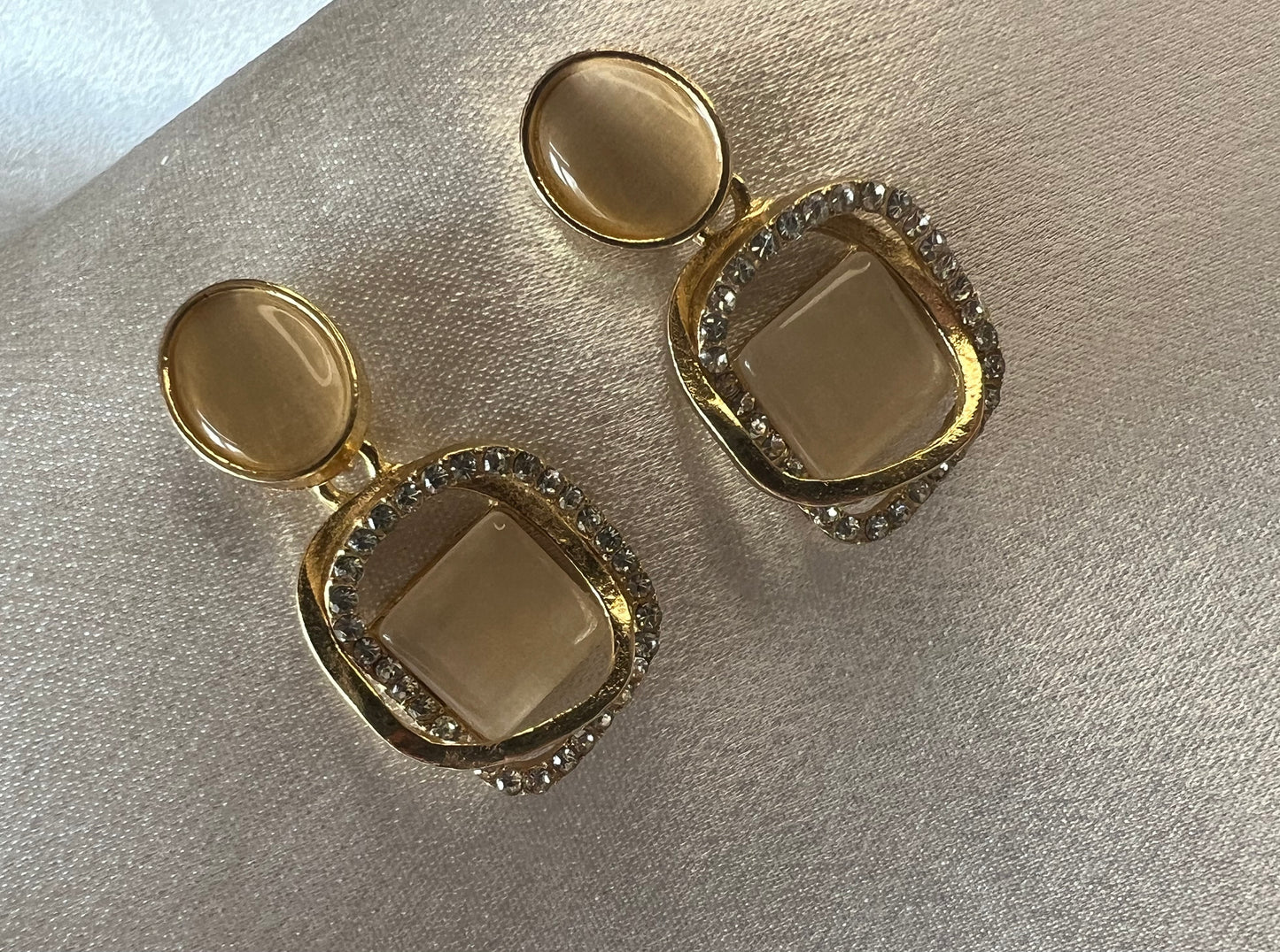 Gold & Beige Diamanté Drop Earrings – Soft Glamour with a Translucent Touch