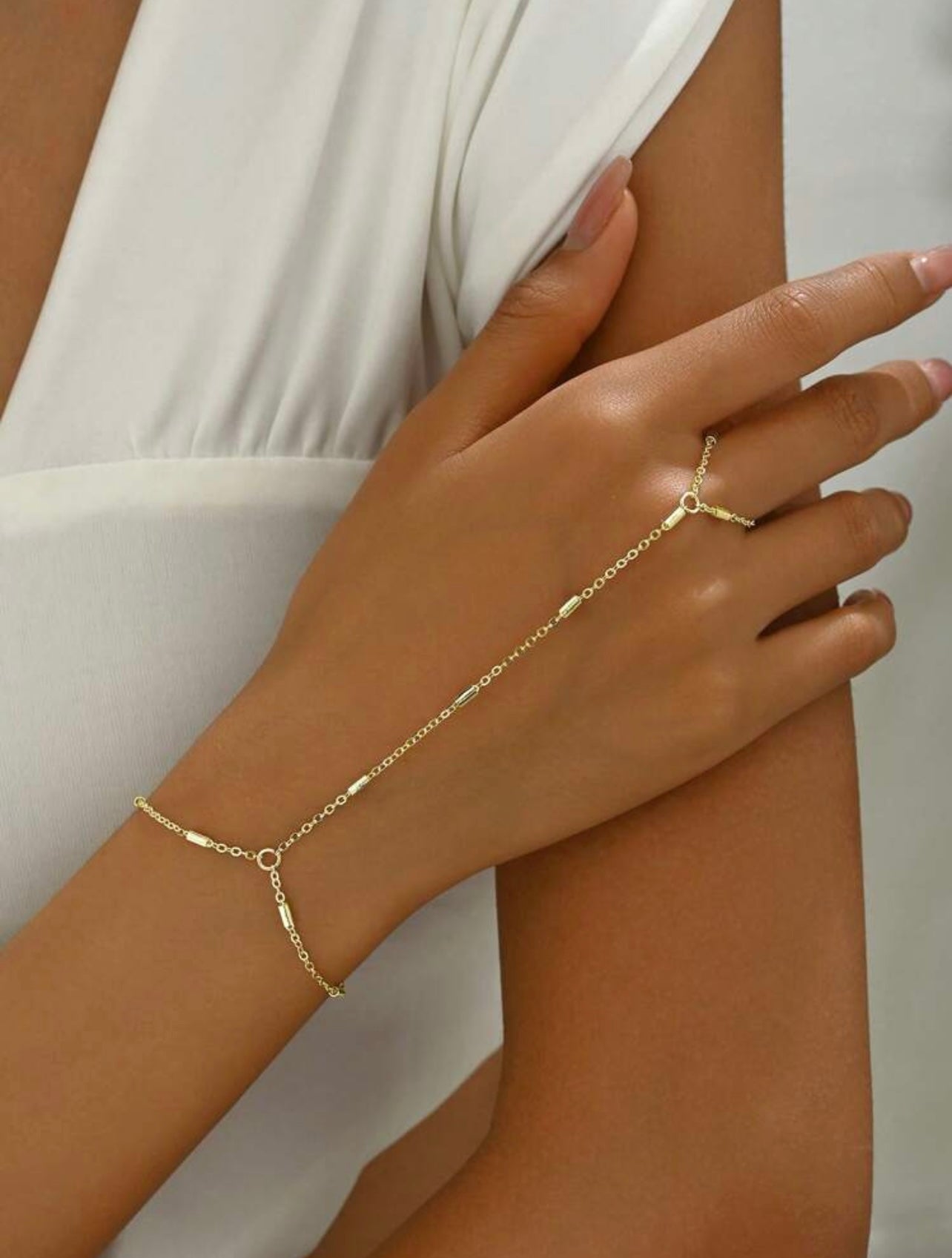 Gold Beaded Hand Chain – Minimalist Ring-to-Bracelet Jewellery for Daily Wear