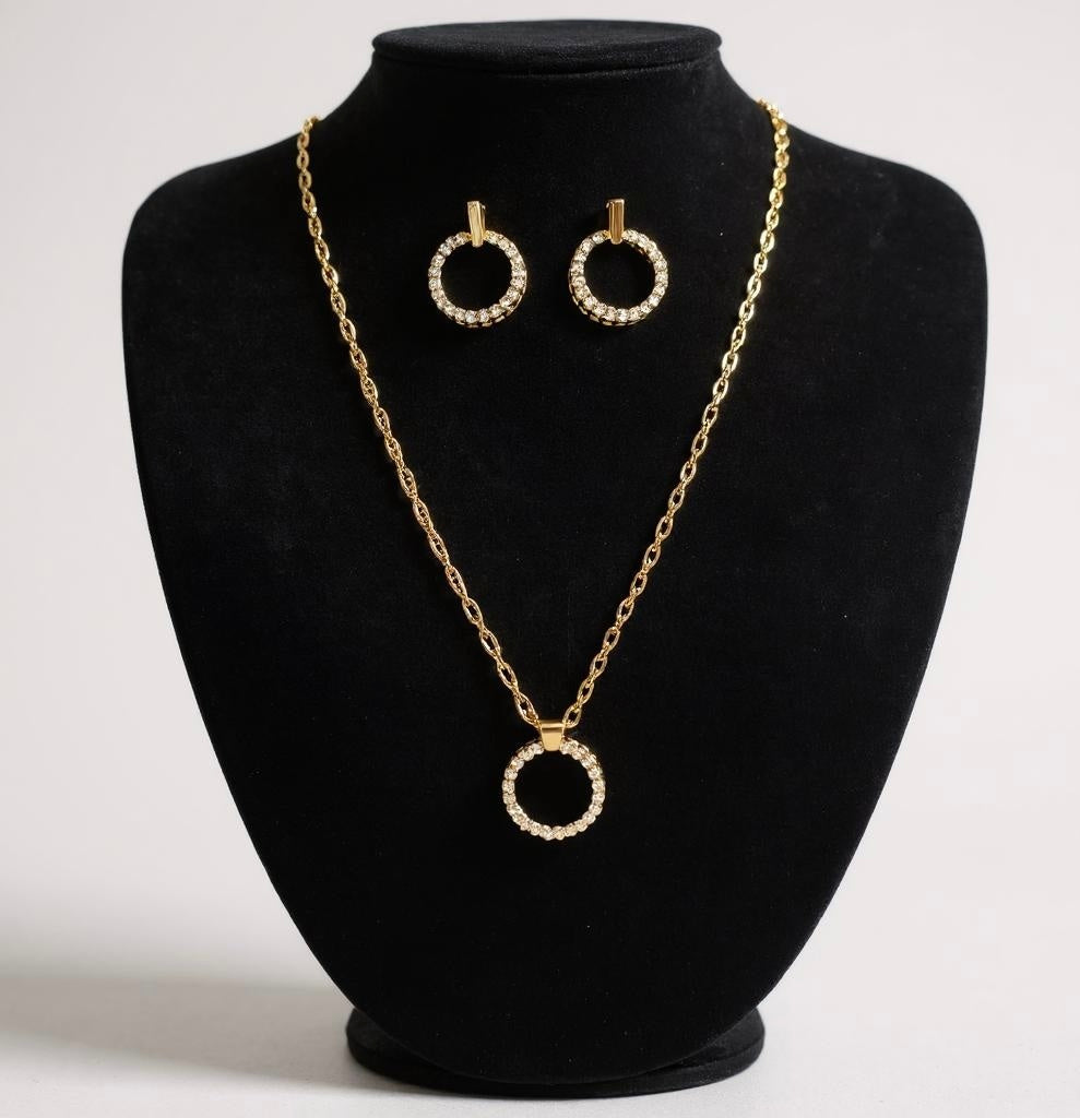 Gold Plated Cubic Zirconia Circle Pendant Necklace & Earrings Set – Waterproof, Tarnish-Resistant & Hypoallergenic