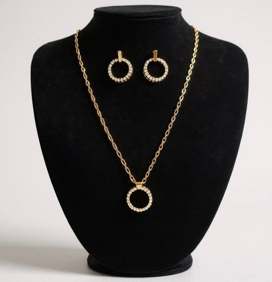Gold Plated Cubic Zirconia Circle Pendant Necklace & Earrings Set – Waterproof, Tarnish-Resistant & Hypoallergenic