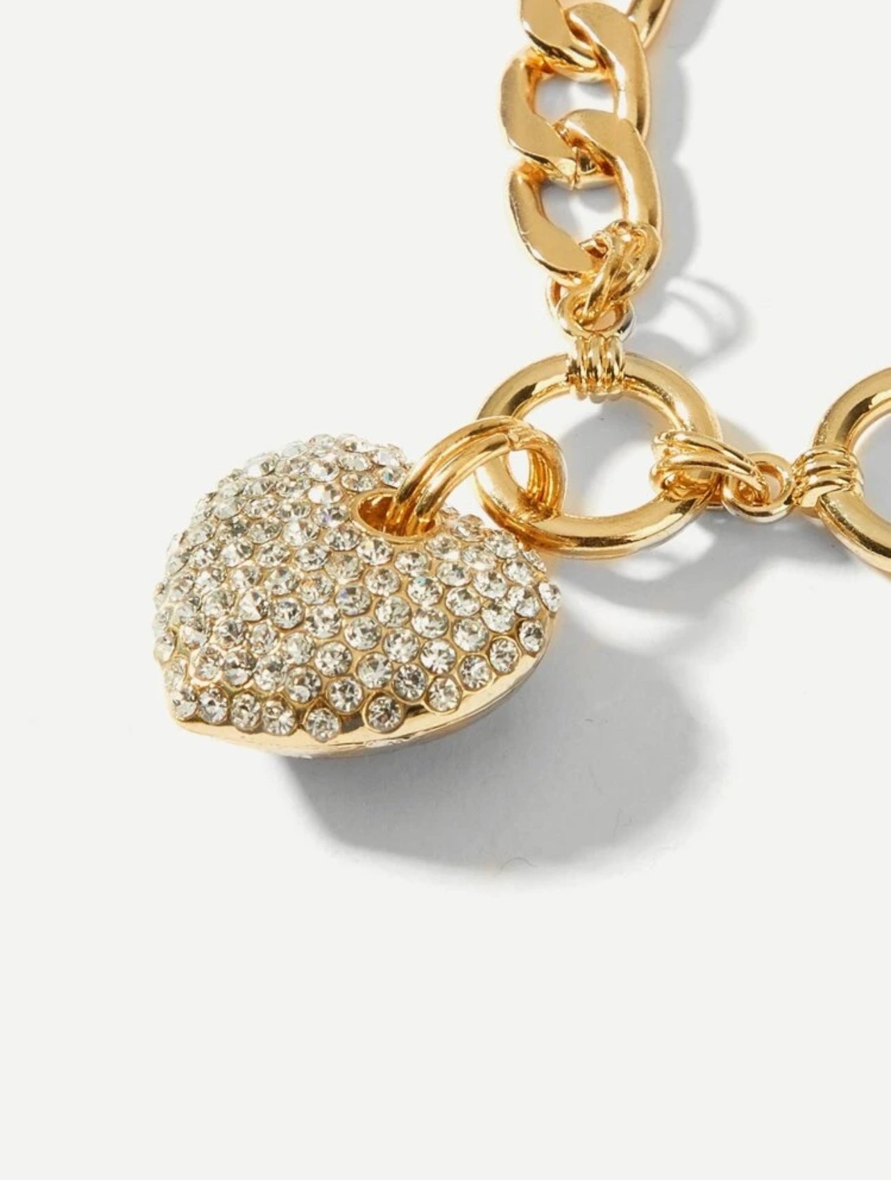 Rhinestone Heart Charm Chunky Gold Curb Chain Bracelet – Tarnish Resistant