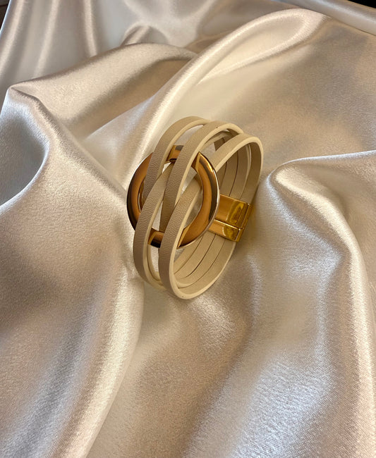 Leatherette Stone & Gold Cuff Bracelet – Modern Texture with Effortless Elegance