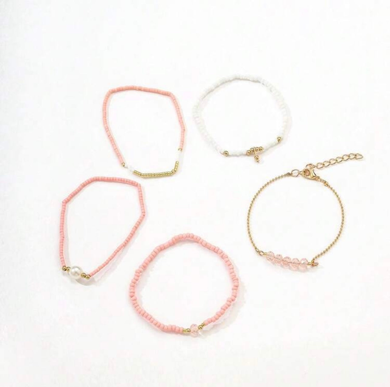 5pc Pink & White Faux Pearl Bracelet Stack – Handmade Holiday & Party Jewellery