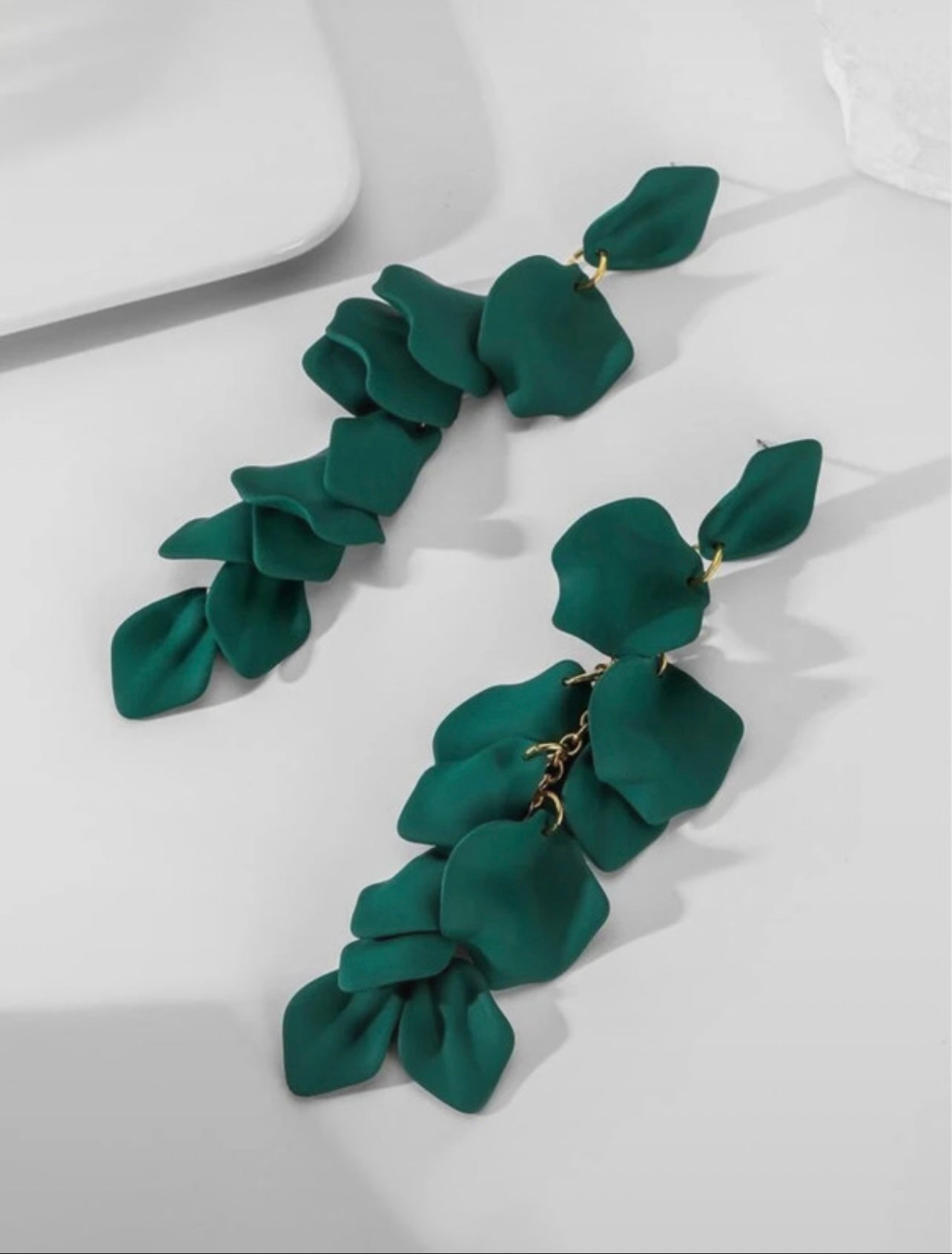 Gold & Dark Green Matte Petal Dangle Earrings – Nature-Inspired Elegance with a Modern Edge