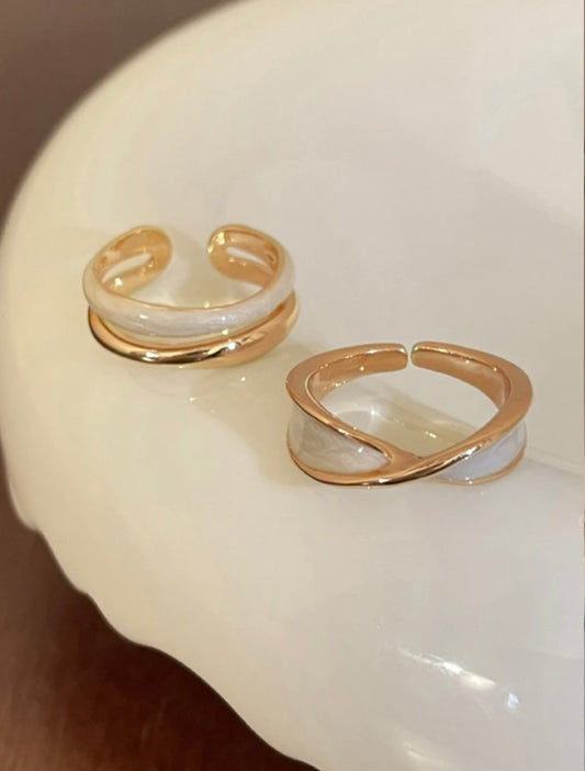 2pc Gold Criss-Cross Open Ring Set – Glossy Cream Enamel, Luxury Everyday Gift