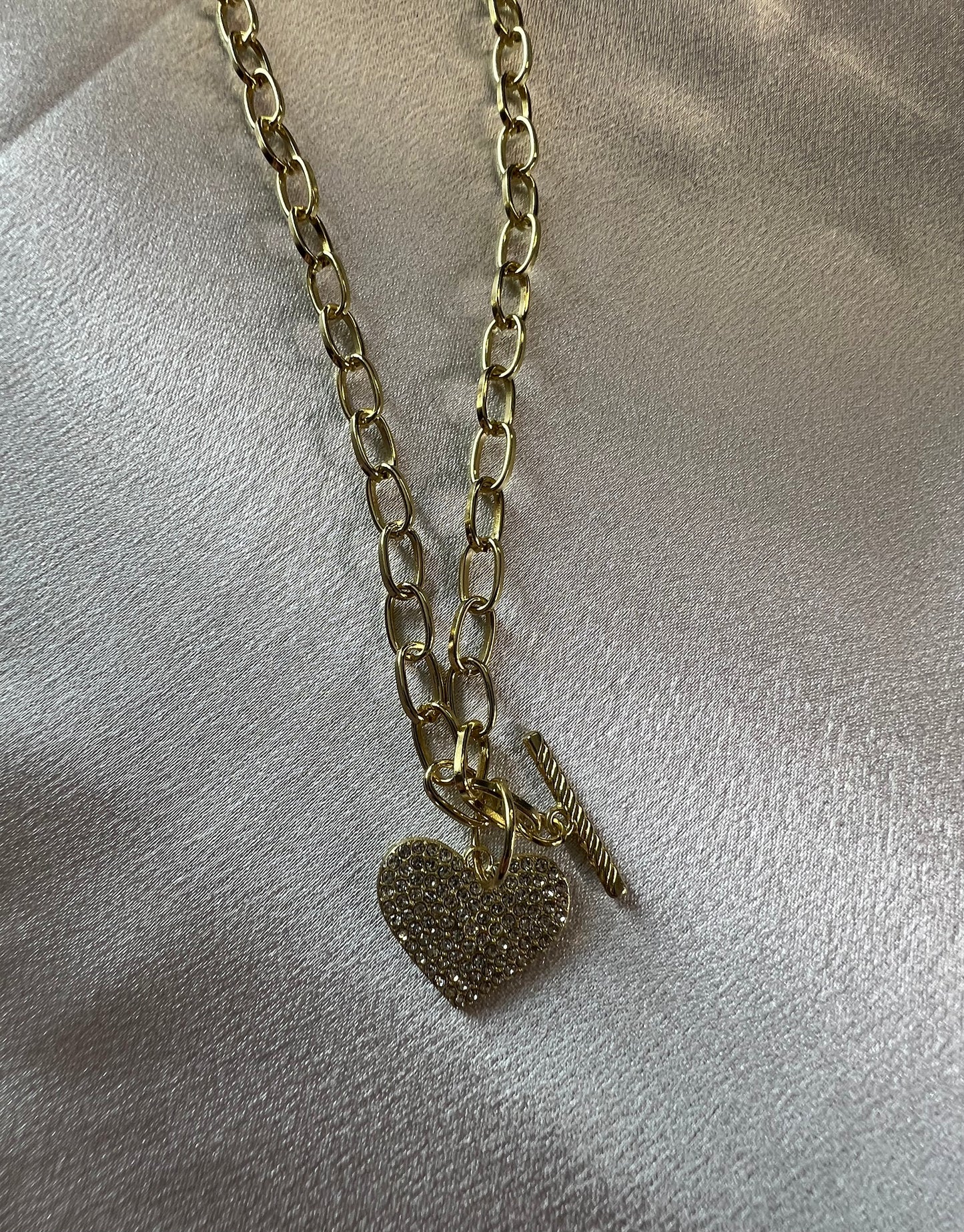 Tarnish-Resistant Rhinestone Gold Heart Charm Necklace – Paperclip Chain with T-Bar Clasp