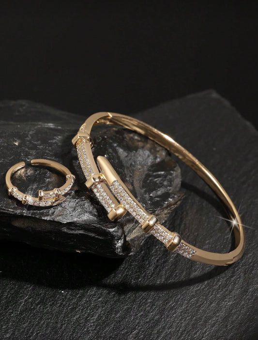 18K Gold Plated Cubic Zirconia Nail Bracelet & Ring Set – Cartier Style Elegance with Modern Edge