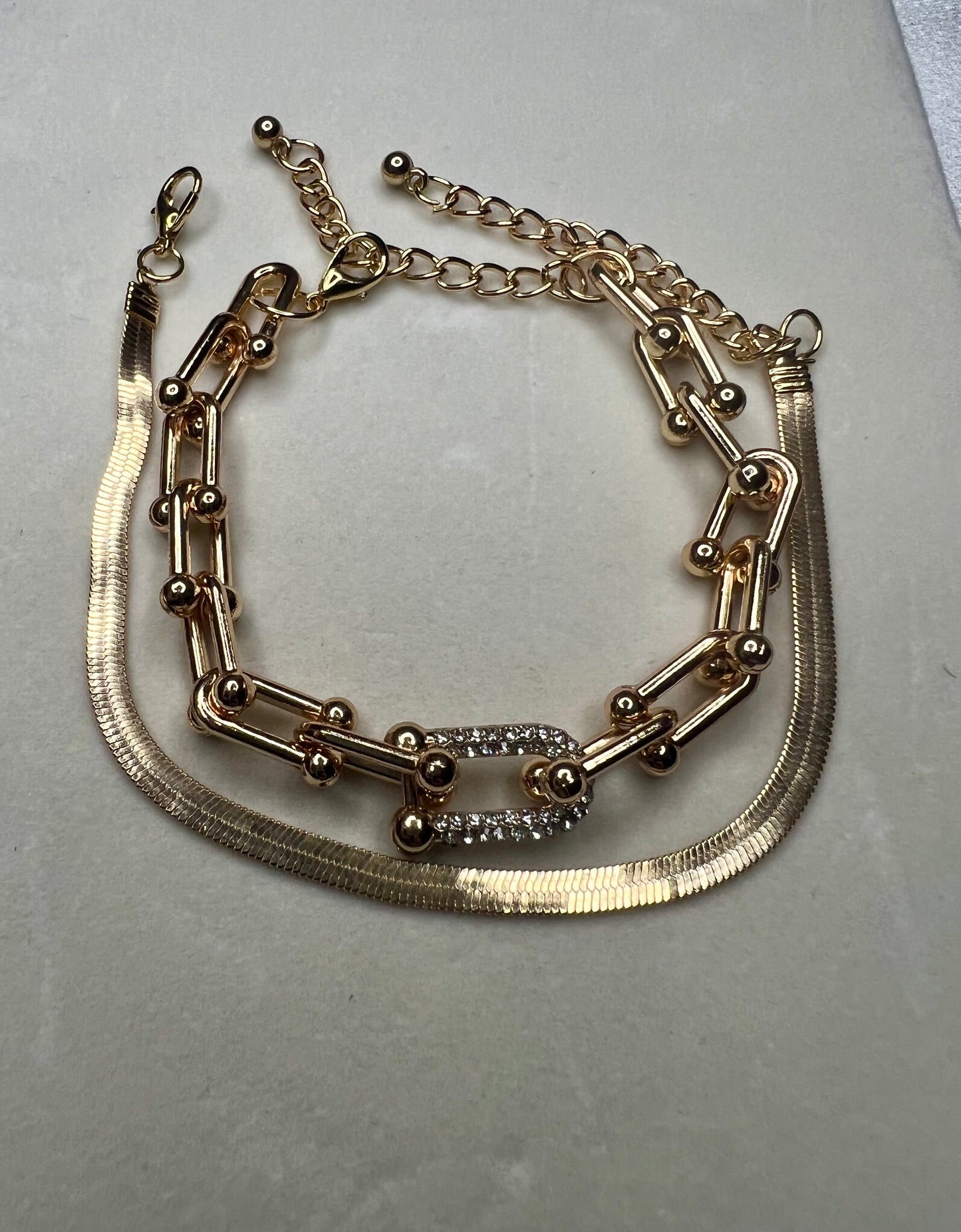 2pc Tiffany Style Gold Snake Bone Bracelet Set – Hip-Hop Style with Rhinestone U-Buckle