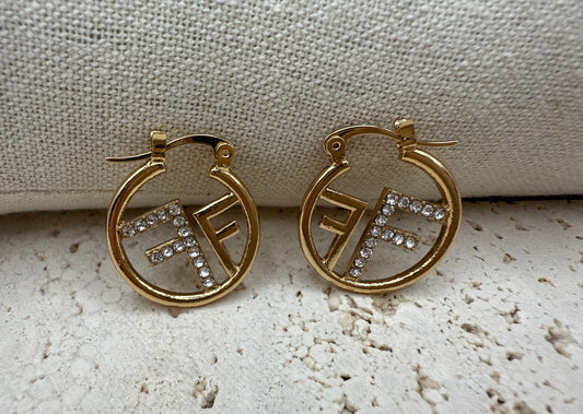 Premium Letter "F" Rhinestone Hoop Earrings – Inspired by Fendi – Elegant Statement Jewelry