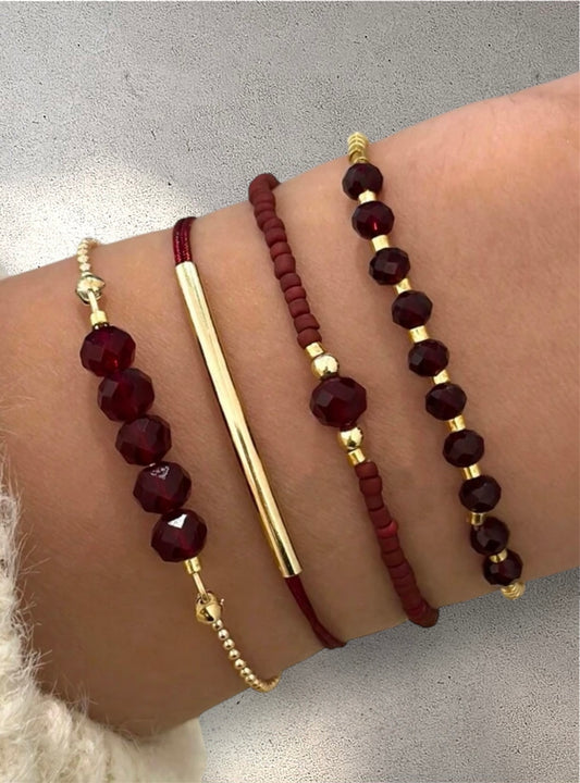4pc Burgundy & Gold Faux Gemstone Bracelet Stack – Handmade Holiday & Party Jewellery