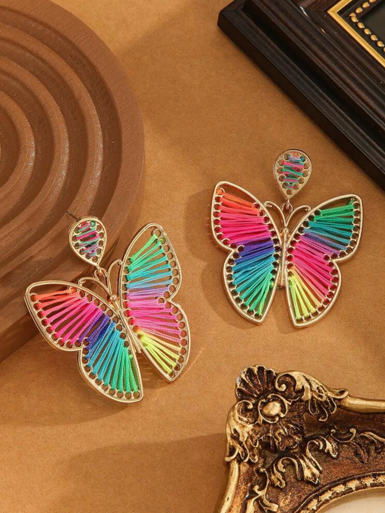 Gold & Rainbow Boho Braided Butterfly Earrings – Handmade Holiday & Festival Jewellery
