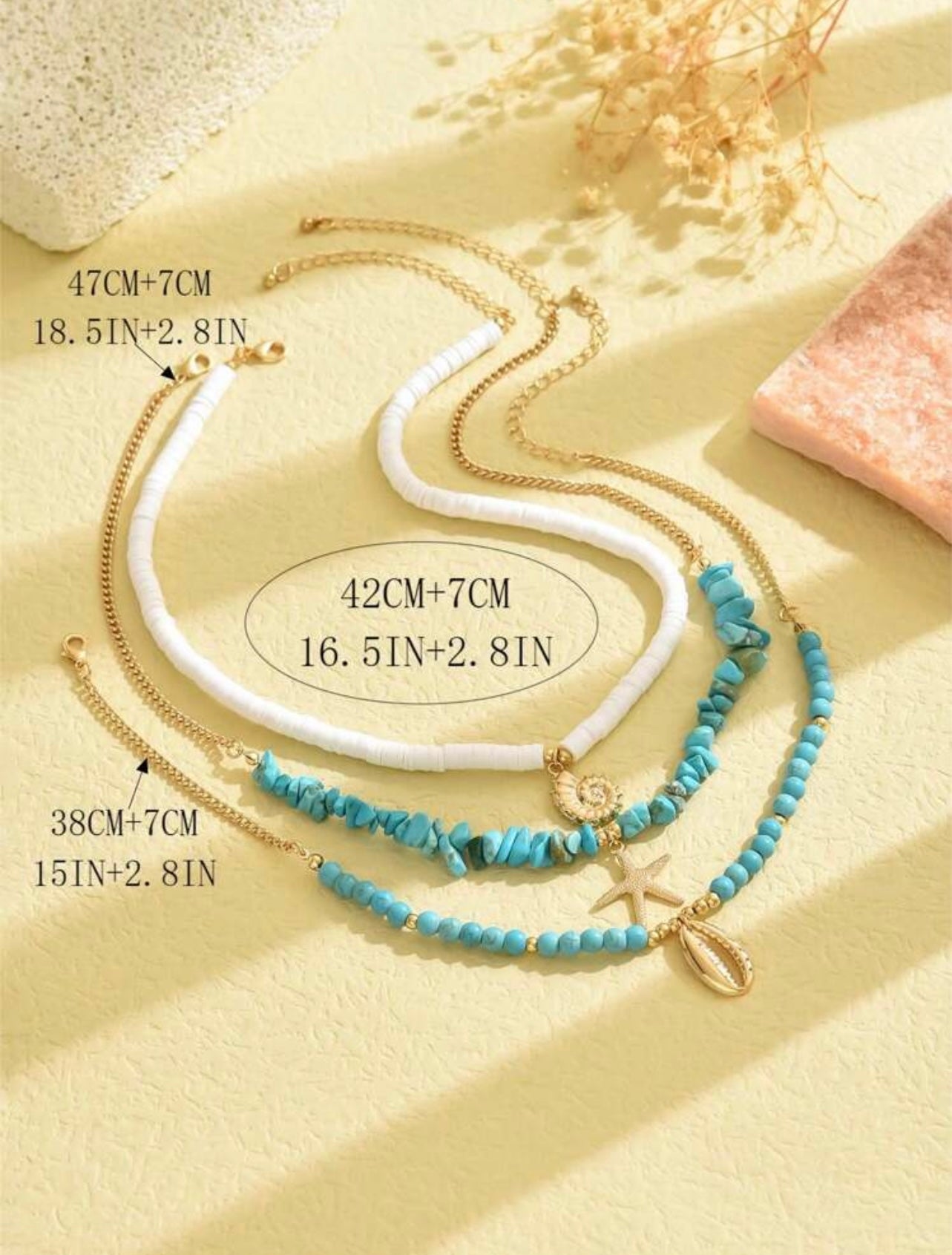 3pc Turquoise Ocean Necklace Set – Ceramic Beads with Metallic Shell, Conch & Starfish Pendants