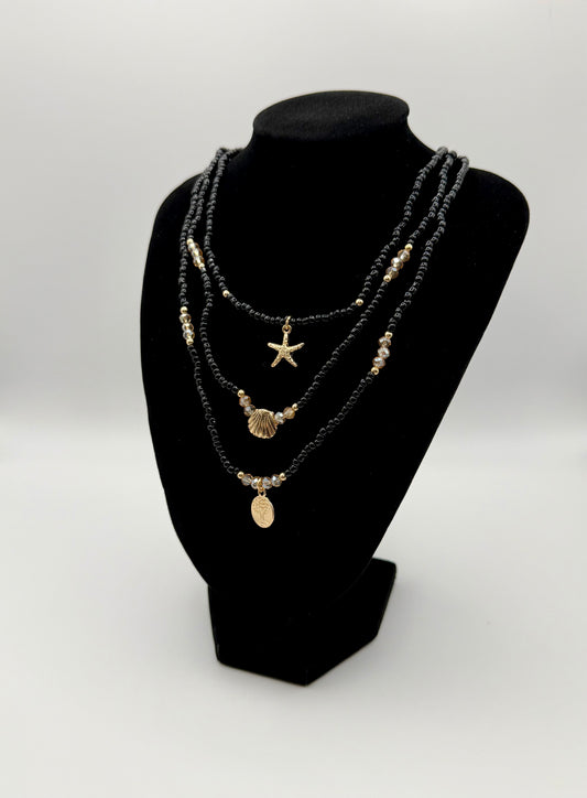 3pc Black & Gold Boho Beach Necklace Set – Starfish & Shell Pendants with Glass Beads