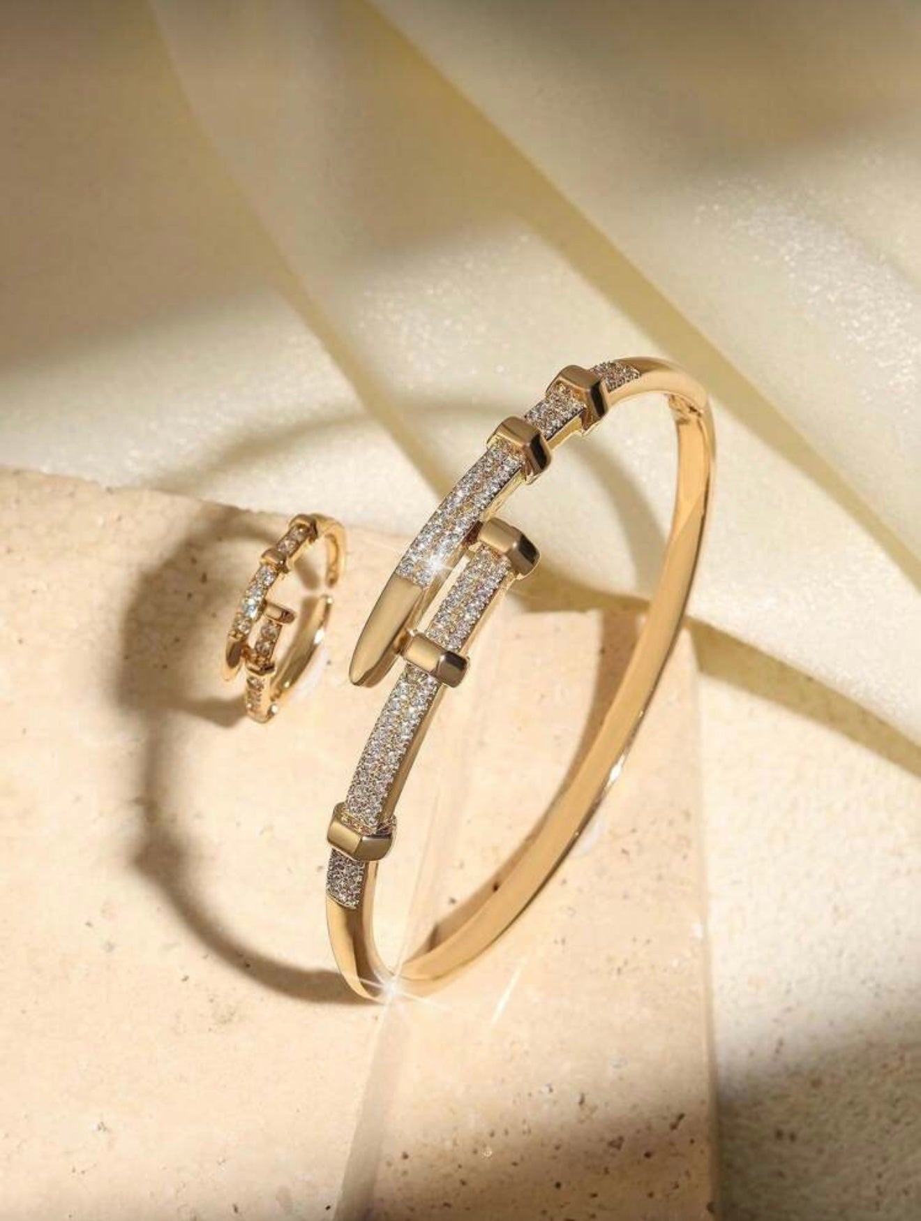 18K Gold Plated Cubic Zirconia Nail Bracelet & Ring Set – Cartier Style Elegance with Modern Edge