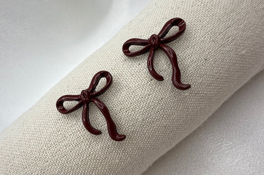 Delicate Burgundy Ribbon Bow Earrings – Tarnish-Resistant Zinc Alloy – Elegant & Feminine Jewellery – Festive Dainty Touch