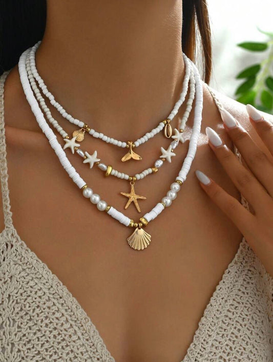 3pc Ocean Charm Necklace Set – White & Gold Ceramic Beads with Mermaid, Starfish & Shell Pendants