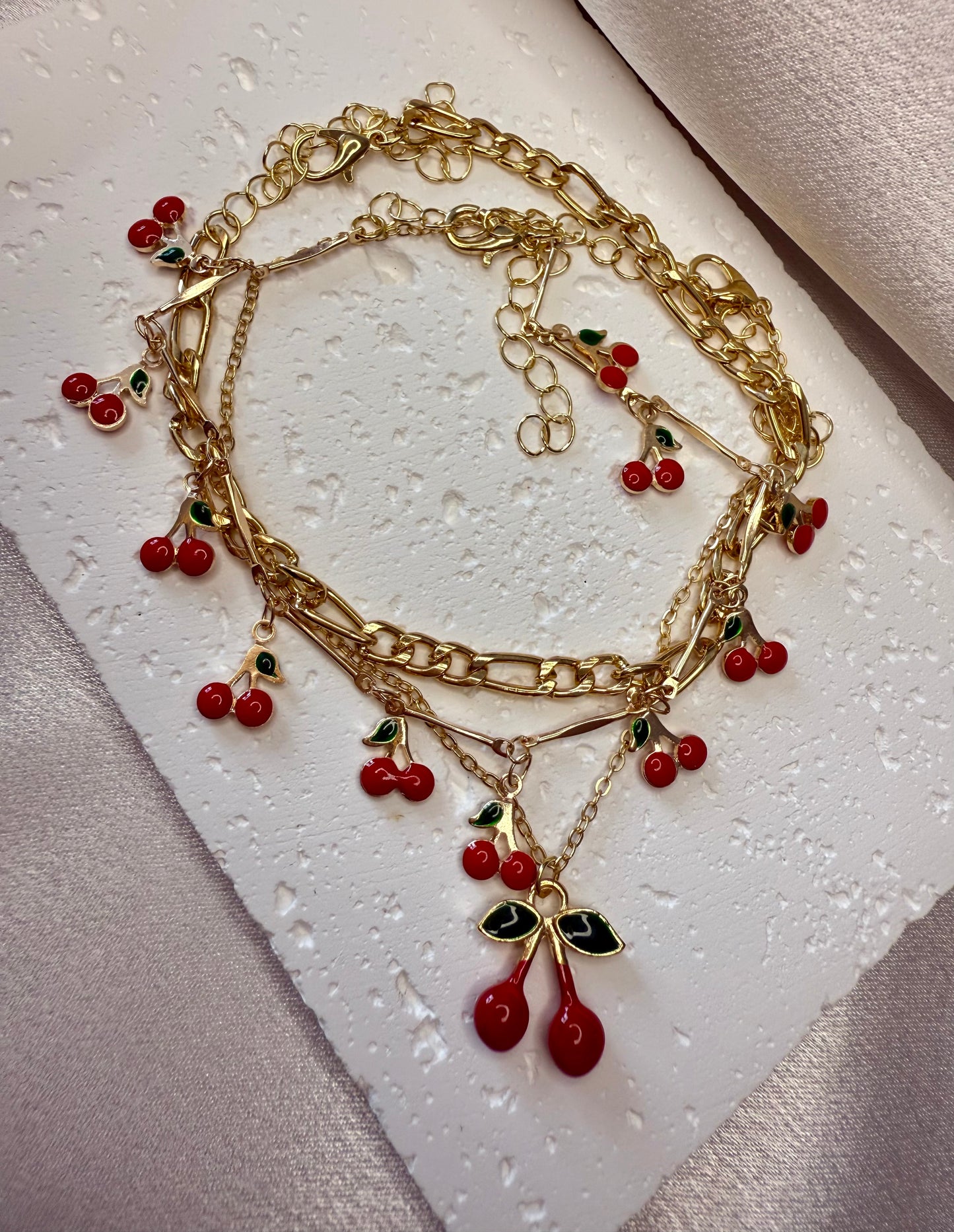 3pc Cherry Pendant Anklet Set – Handcrafted Summer Foot Jewellery