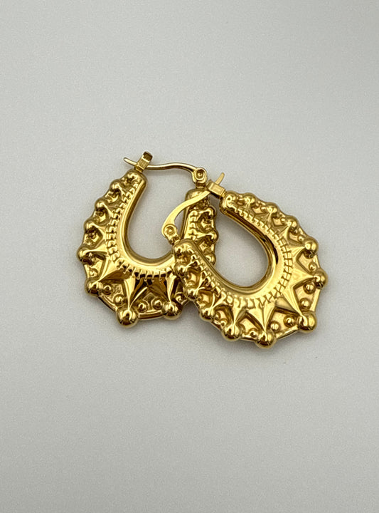 18K Gold Plated Vintage Crown & Horseshoe Creole Fancy Earrings - Medium