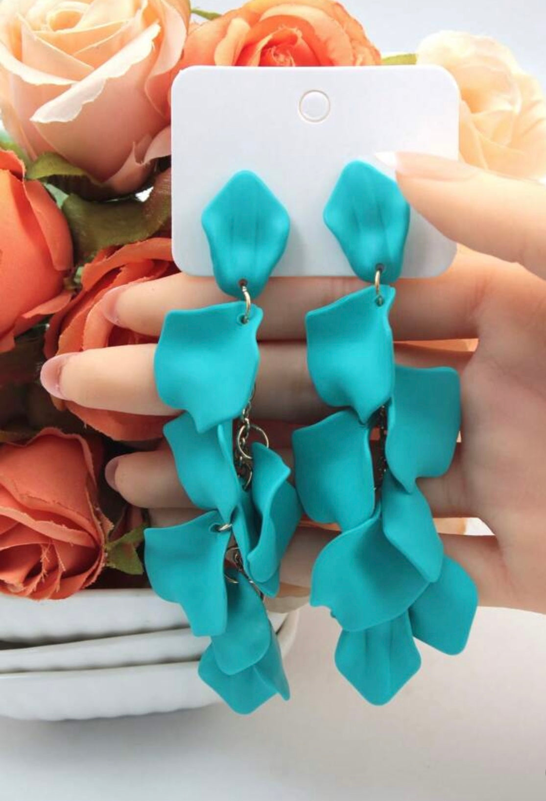 Gold & Matte Teal Petal Dangle Earrings – Nature-Inspired Elegance with a Modern Edge