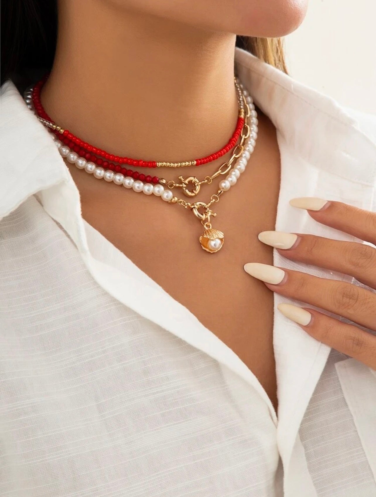 3pc Nautical Shell Necklace Set – Faux Pearls, Red & Blue Beads, and Gold Charm Accents