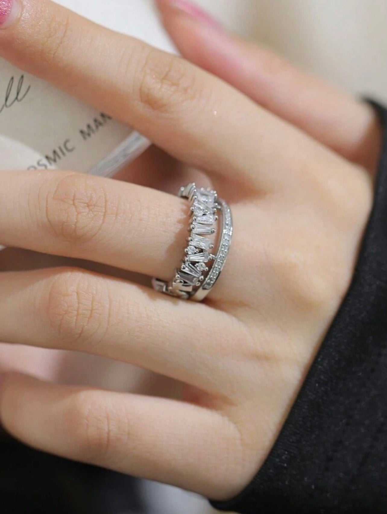 Silver-Tone Double-Layer Zirconia Open Ring – High-End Asymmetrical Sparkle