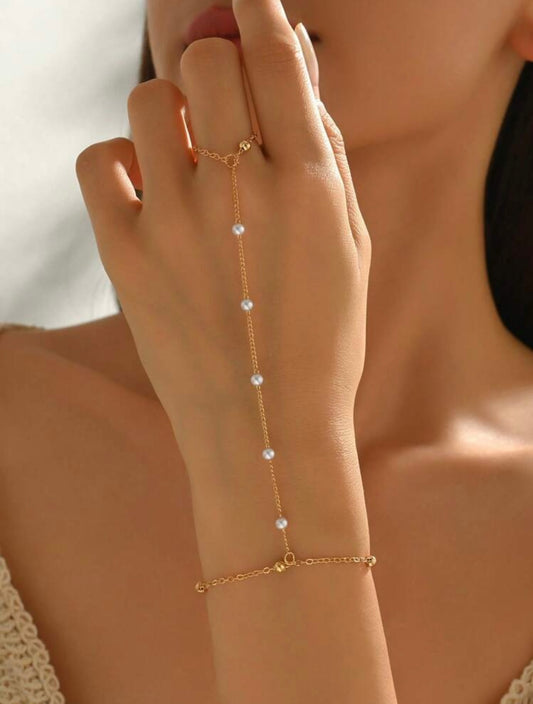 Gold & Faux Pearl Beaded Hand Chain – Minimalist Everyday Ring-to-Bracelet Jewellery
