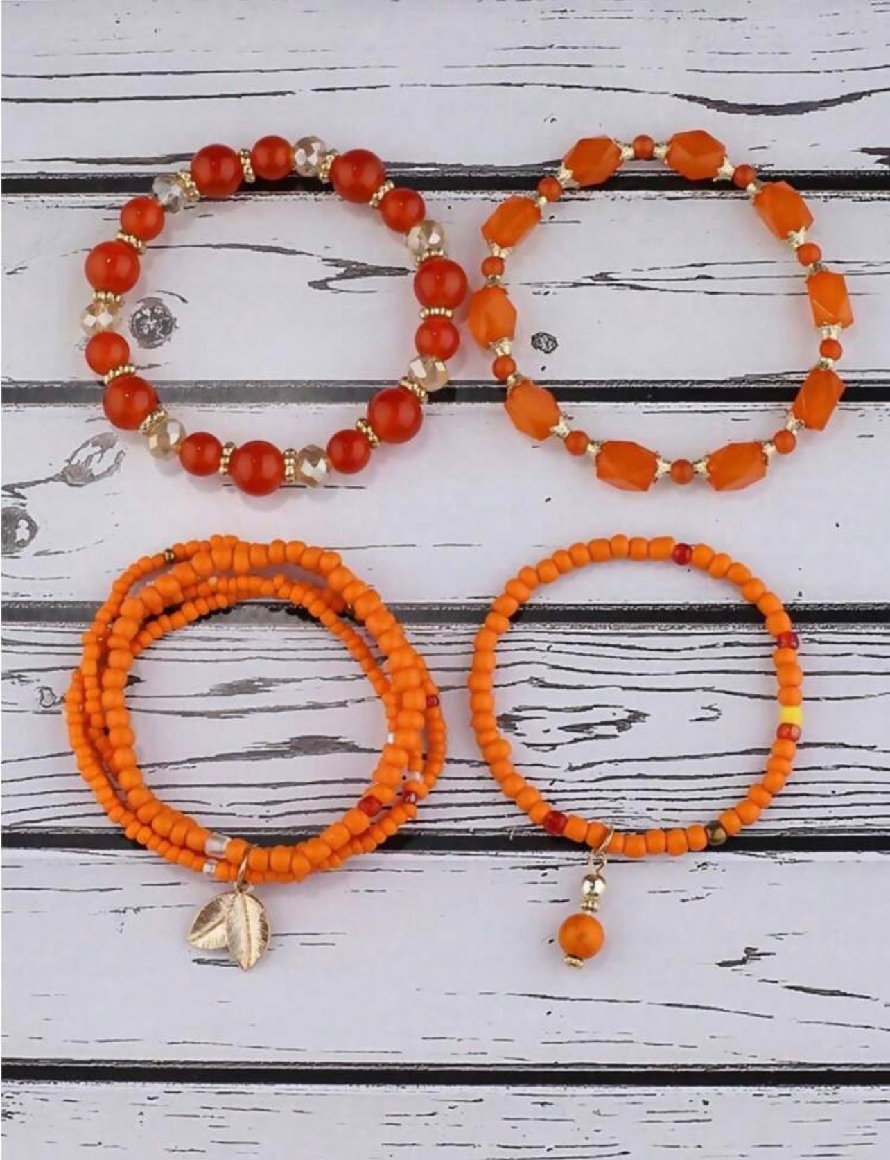 4pc Handmade Orange Seed & Glass Beaded Bracelet Stack – Vibrant Jewellery Set for Women