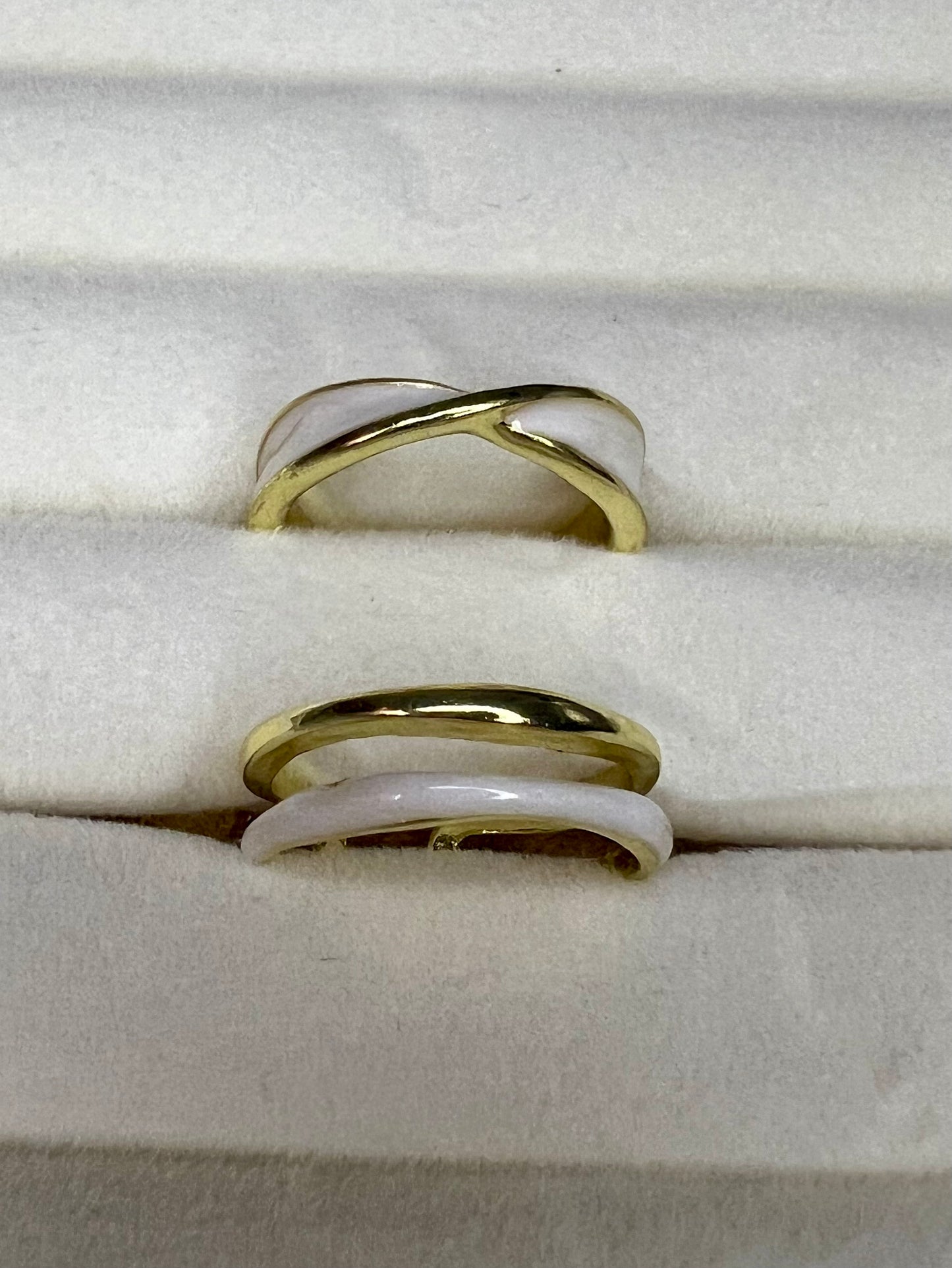 2pc Gold Criss-Cross Open Ring Set – Glossy Cream Enamel, Luxury Everyday Gift