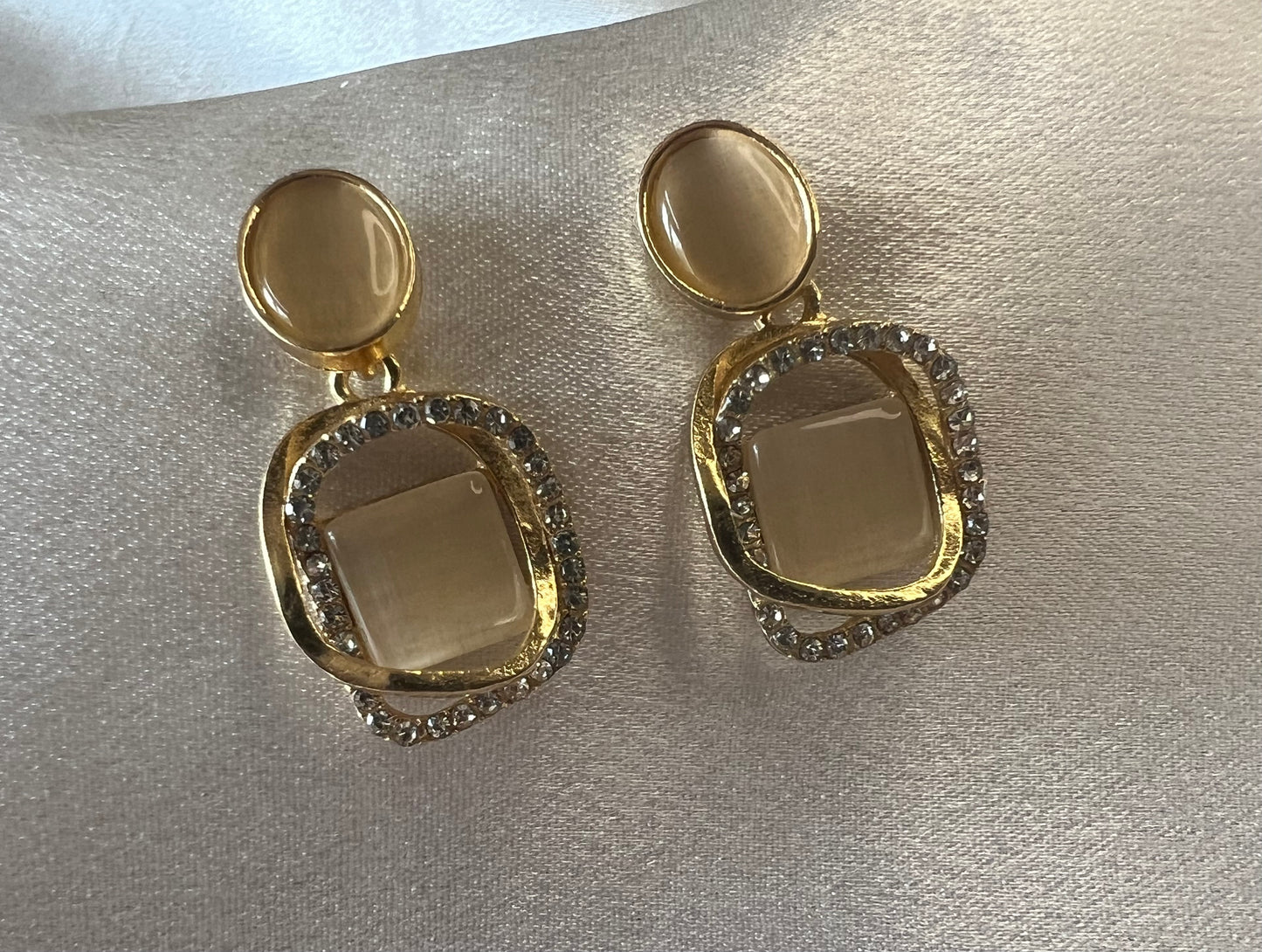 Gold & Beige Diamanté Drop Earrings – Soft Glamour with a Translucent Touch