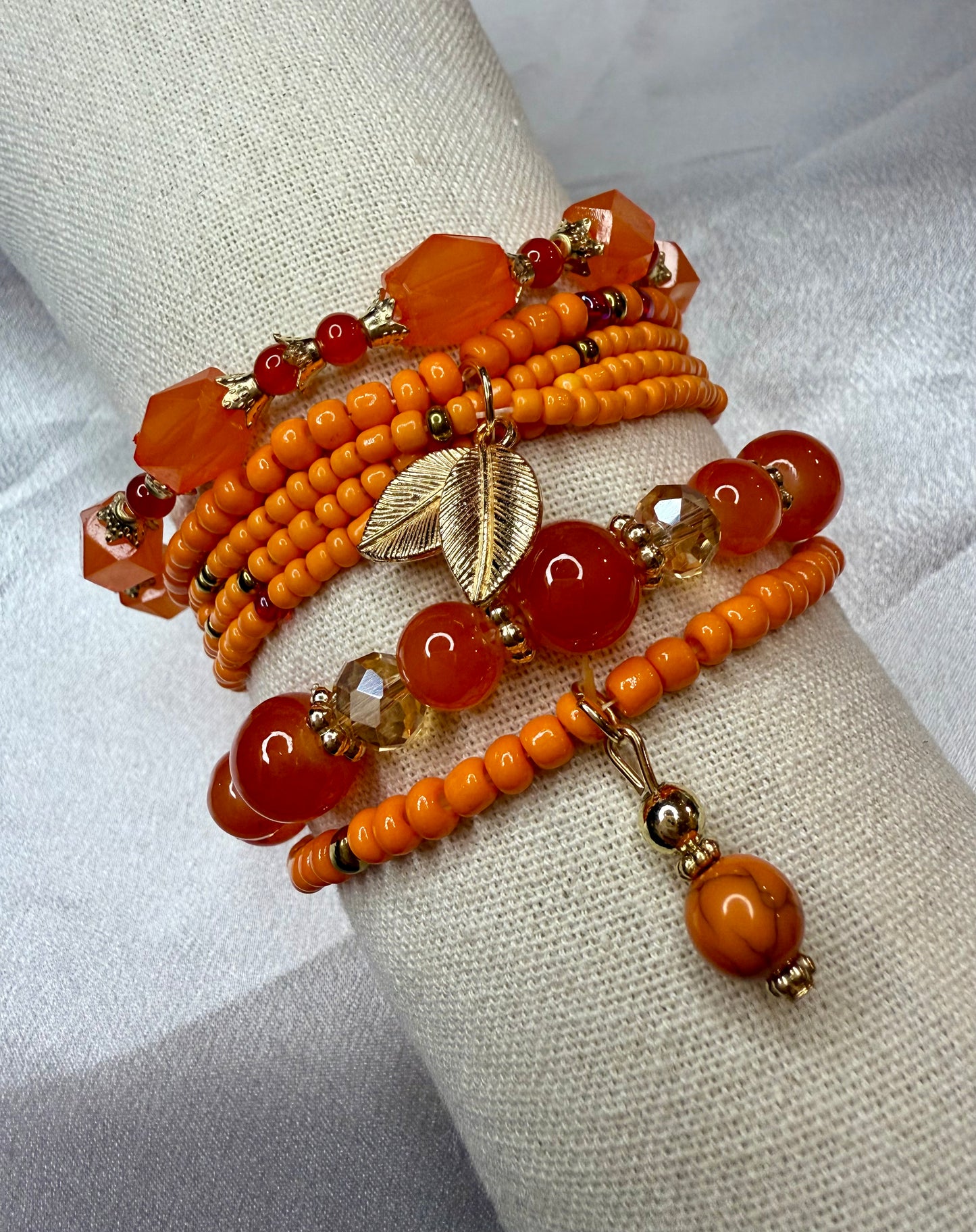 4pc Handmade Orange Seed & Glass Beaded Bracelet Stack – Vibrant Jewellery Set for Women