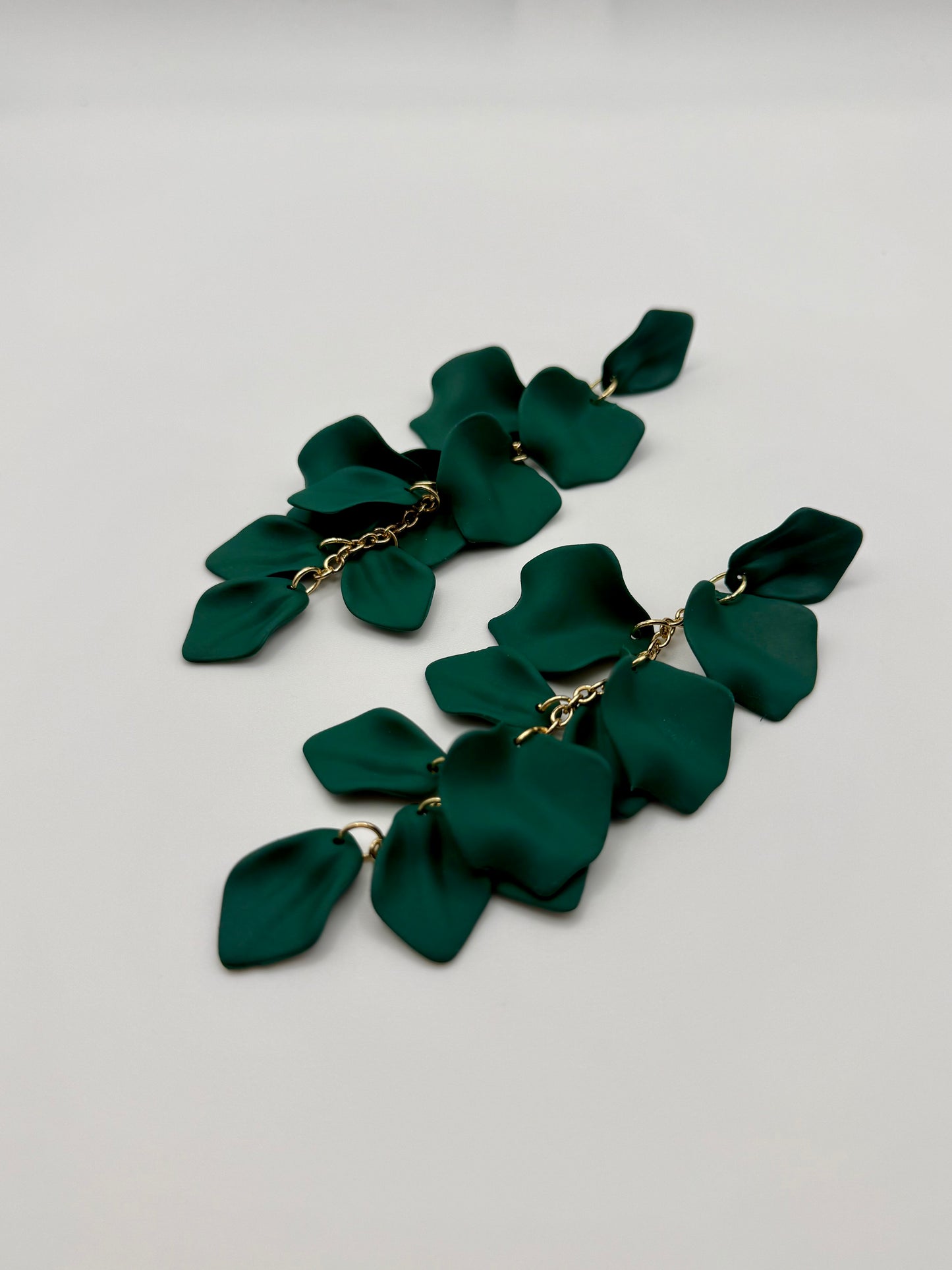 Gold & Dark Green Matte Petal Dangle Earrings – Nature-Inspired Elegance with a Modern Edge