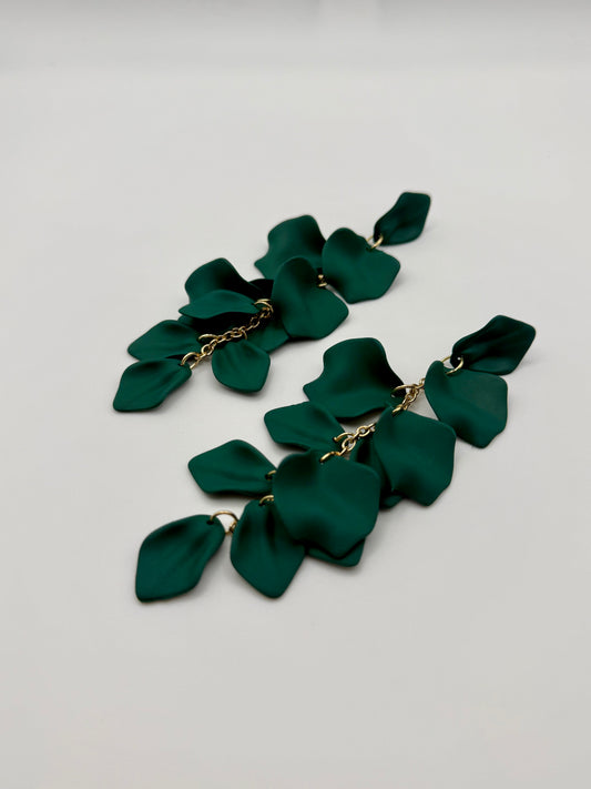 Gold & Dark Green Matte Petal Dangle Earrings – Nature-Inspired Elegance with a Modern Edge