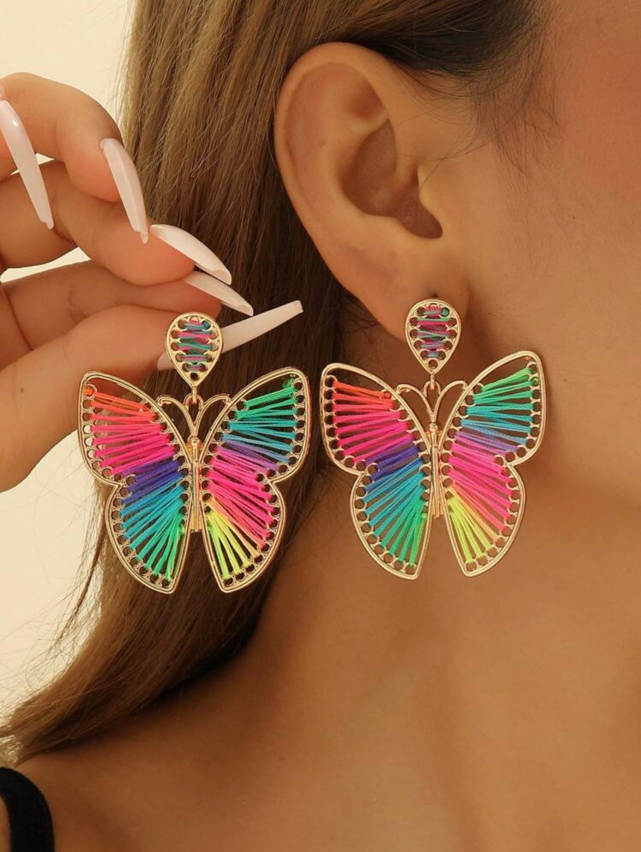 Gold & Rainbow Boho Braided Butterfly Earrings – Handmade Holiday & Festival Jewellery