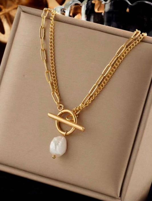 18k Gold Plated T-Bar Pearl Pendant Double Layer Necklace – Elegant, Radiant & Timeless