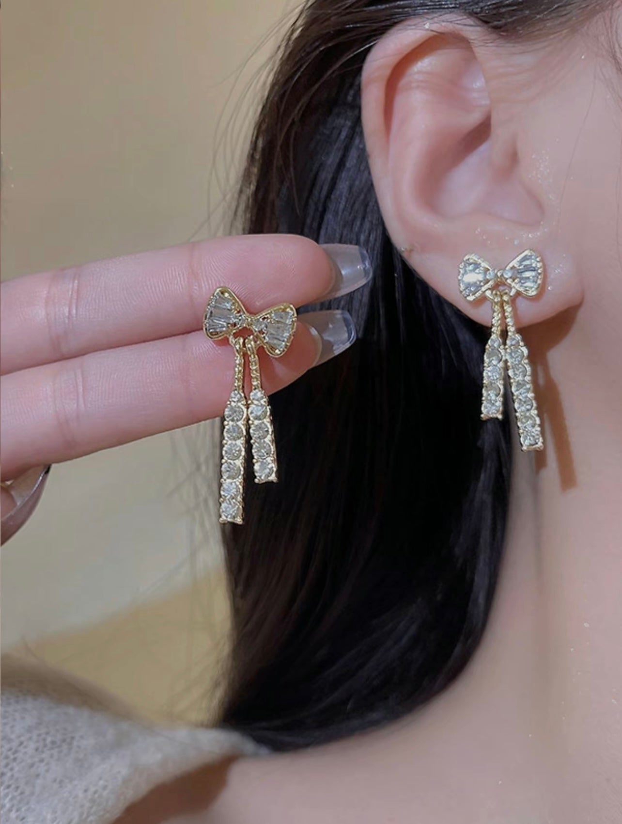Gold Bow Diamanté Drop Earrings – Elegant Sparkle with Feminine Flair