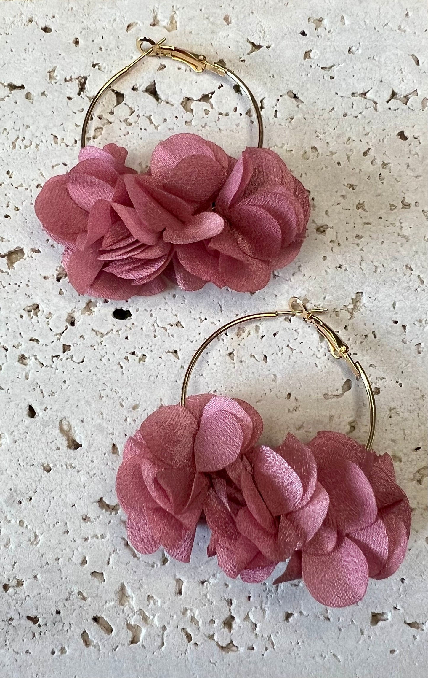 Gold & Pink Flower Hoop Earrings – Bold Florals with Luxe Contrast