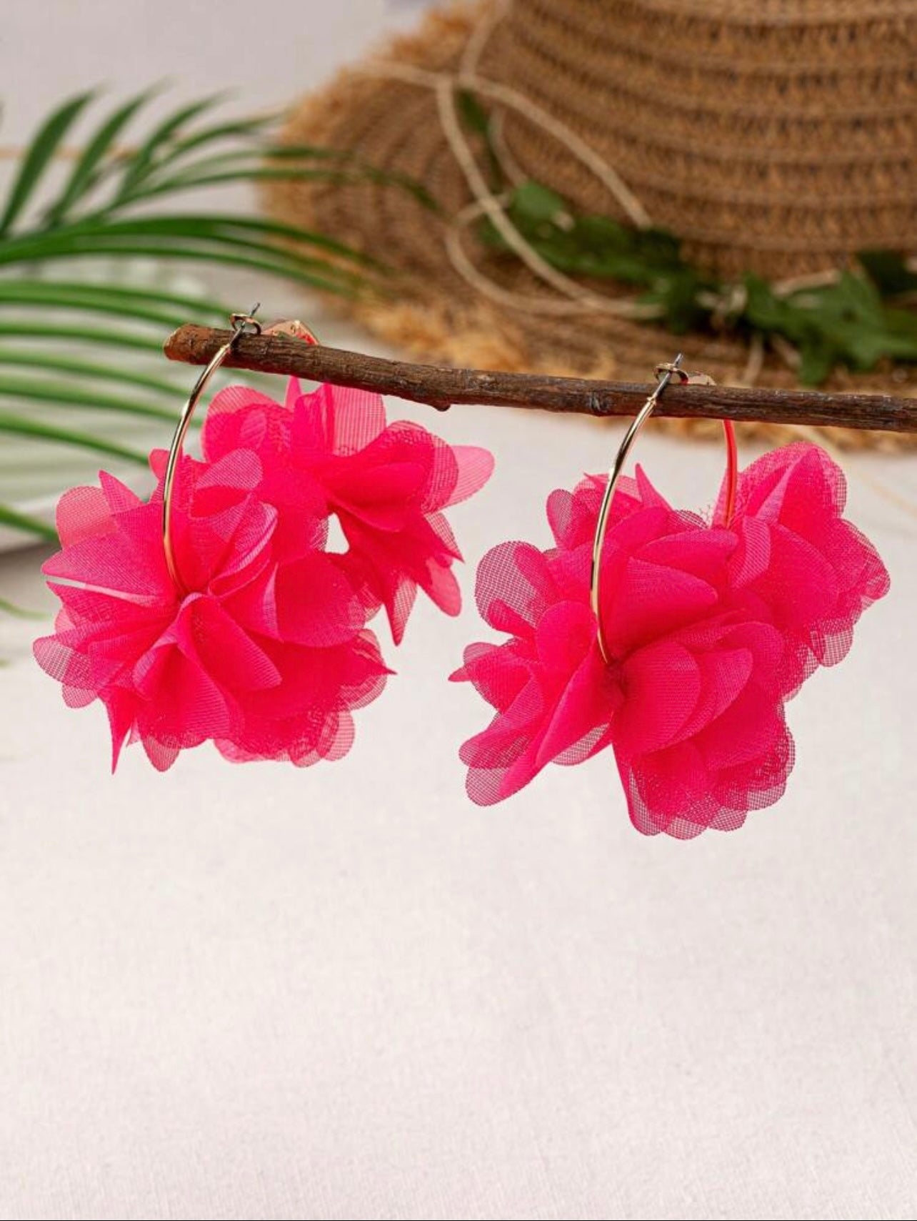 Gold Hoop Earrings with Neon Pink Floral Organza – Bold Statement Set (5 x 7 cm)