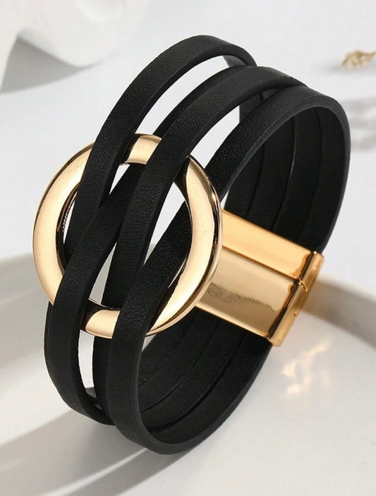 Leatherette Black & Gold Cuff Bracelet – Modern Texture with Effortless Elegance