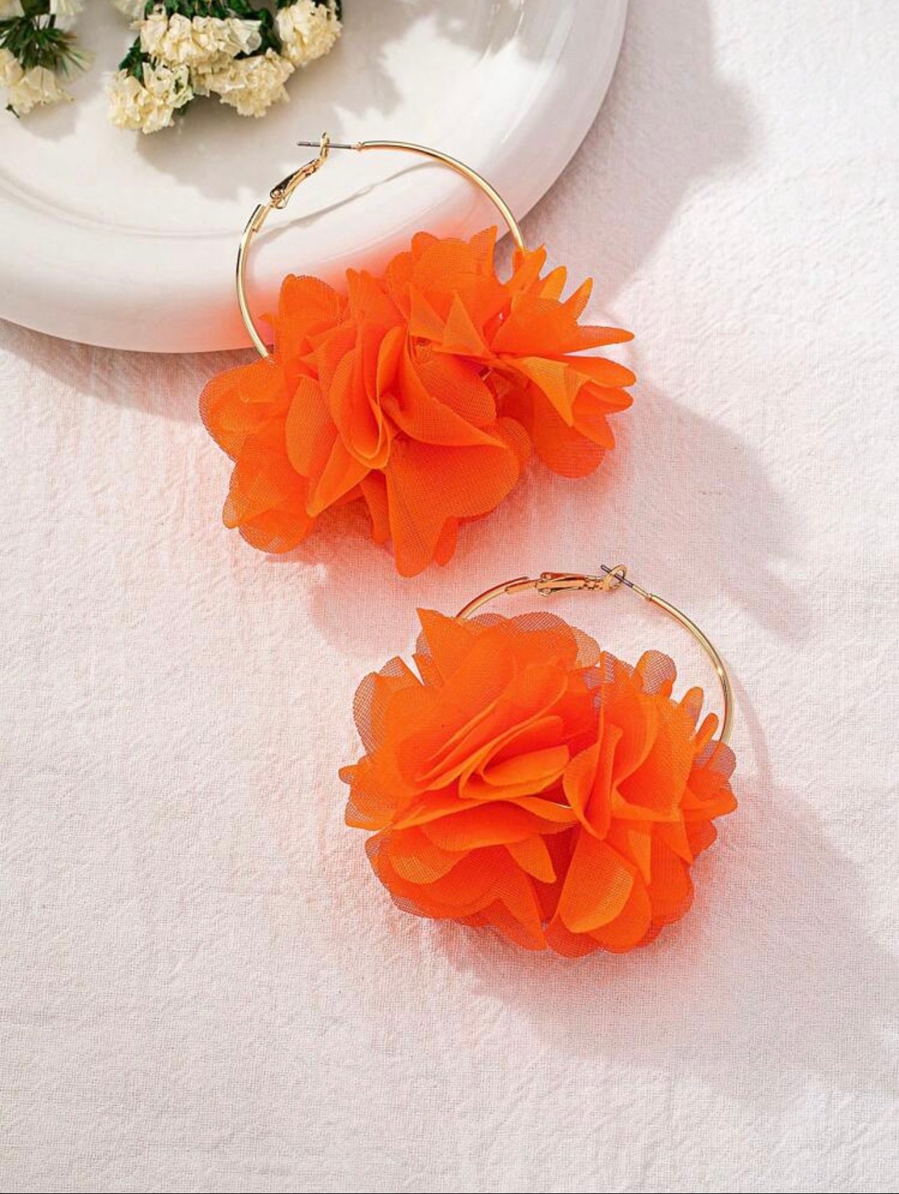 Gold Hoop Earrings with Neon Orange Floral Organza – Bold Statement Set (5 x 7 cm)