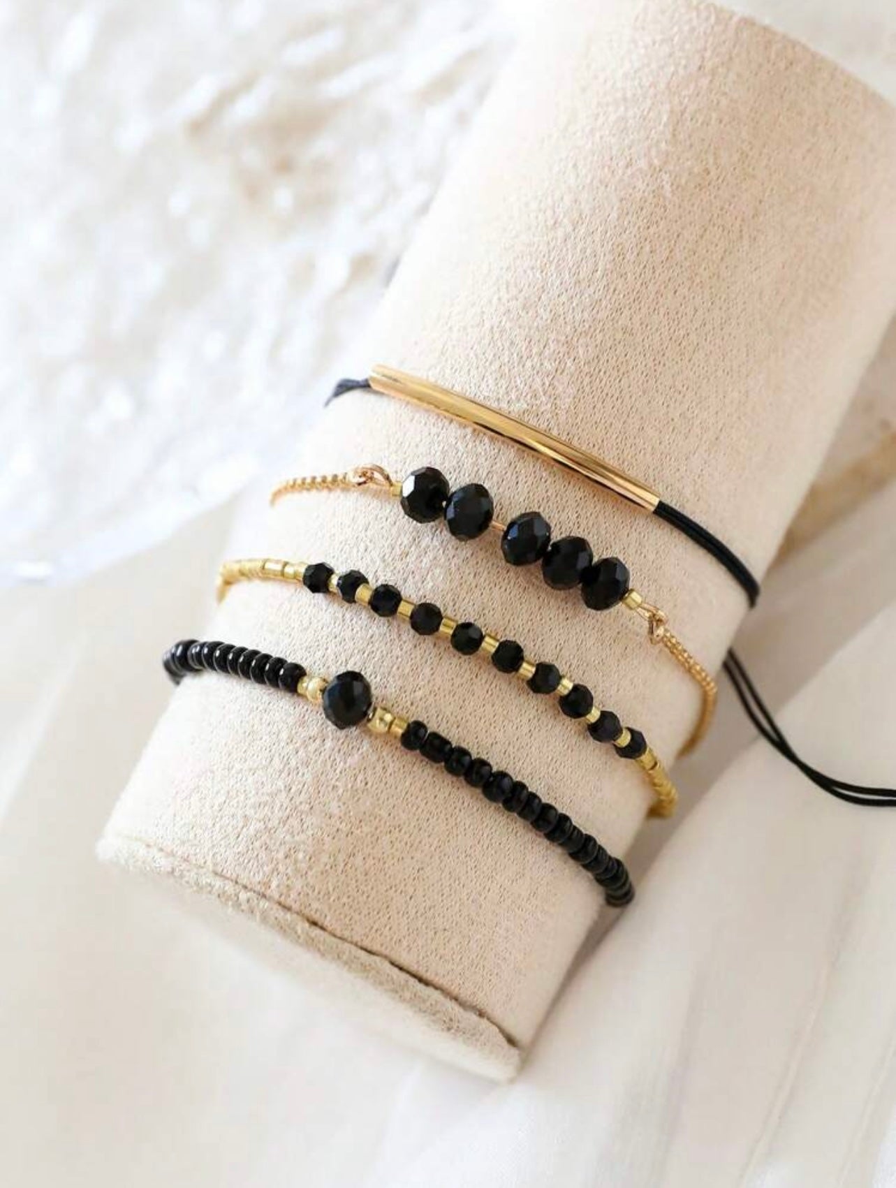 4pc Black & Gold Beaded Bracelet Stack – Handmade Party & Evening Jewellery
