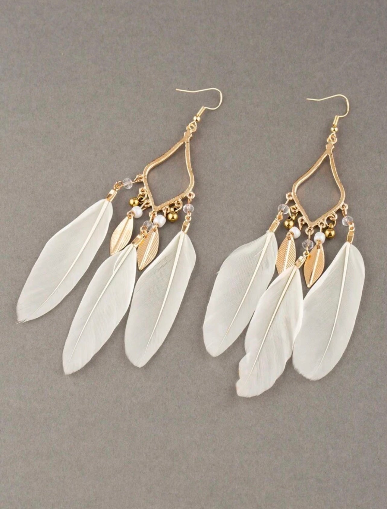 Gold & White Boho Feather Dangle Earrings – Free-Spirited Elegance with a Light, Airy Touch