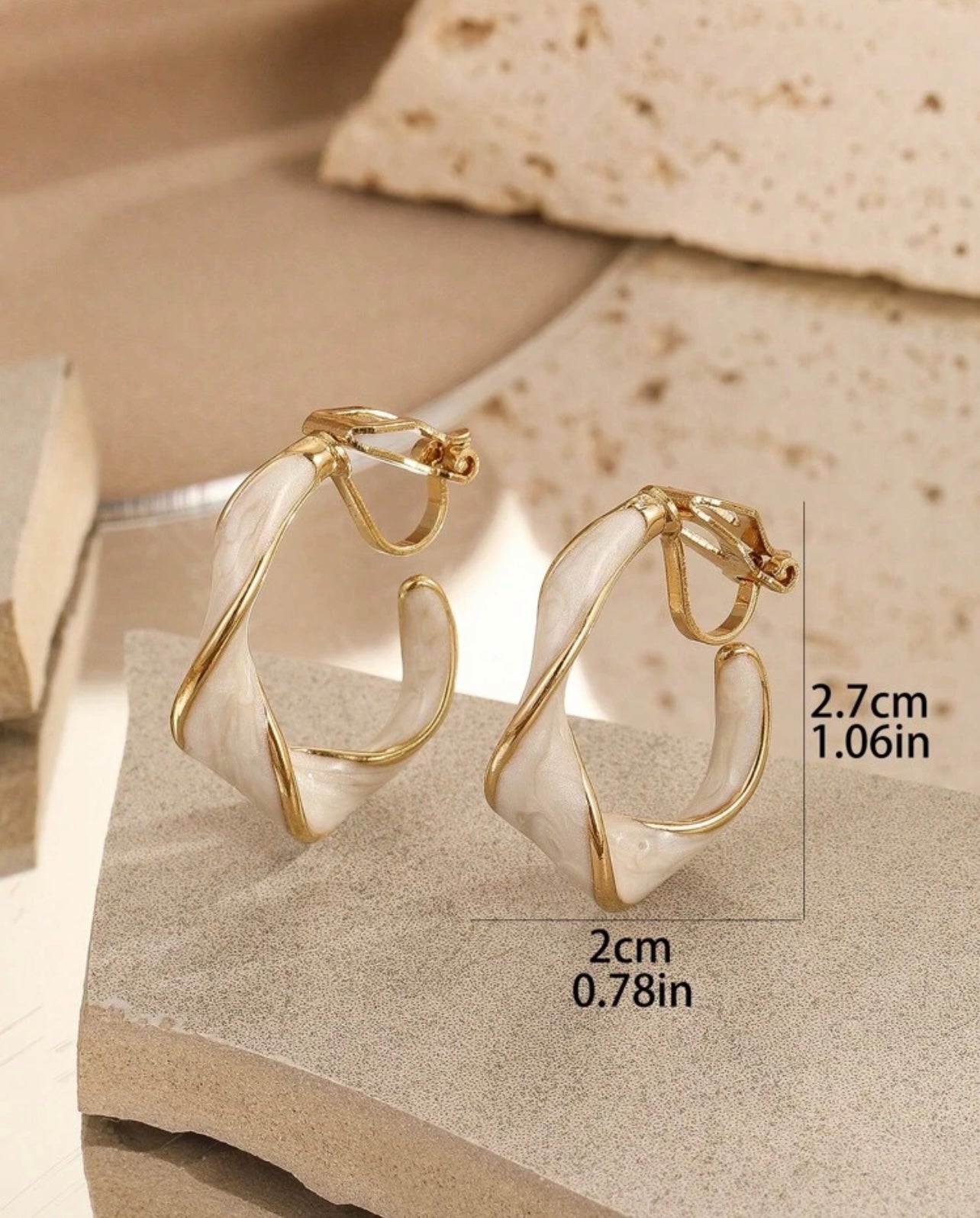 Gold & Cream Twisted Enamel Clip-On Hoop Earrings – Elegant Style, No Piercing Needed