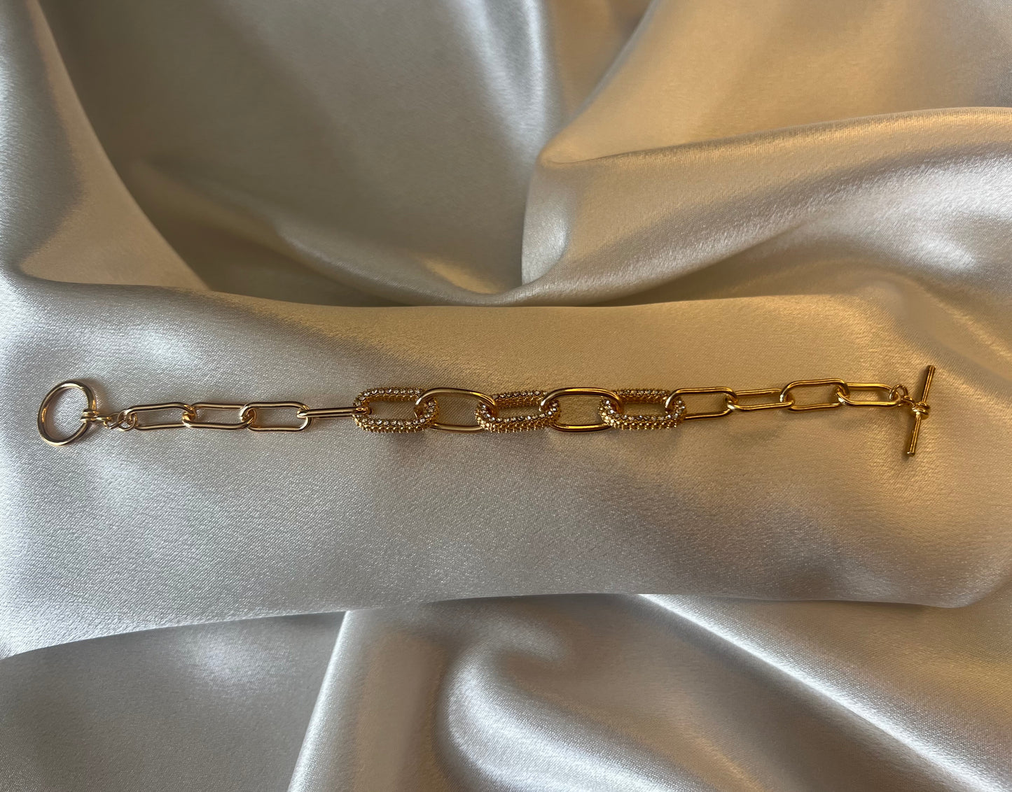 Rhinestone Chain Bracelet – Gold with T-Bar Clasp