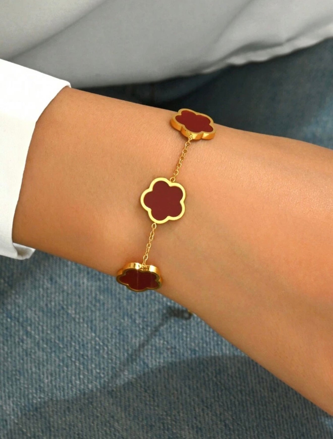 18k Gold-Plated Van Cleef Inspired Clover Bracelet – Burgundy - Waterproof, Tarnish-Resistant & Hypoallergenic Matching Necklace Available!