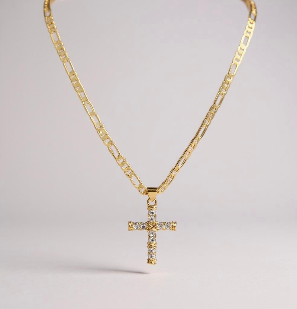 Noble Tarnish Free Raised Cross Pendant Necklace – 14K Gold Plated, Hypoallergenic Zirconia