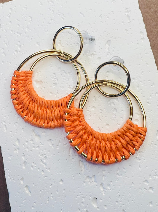 Gold & Orange Raffia Hoop Dangle Earrings – Boho Elegance with a Fresh Twist