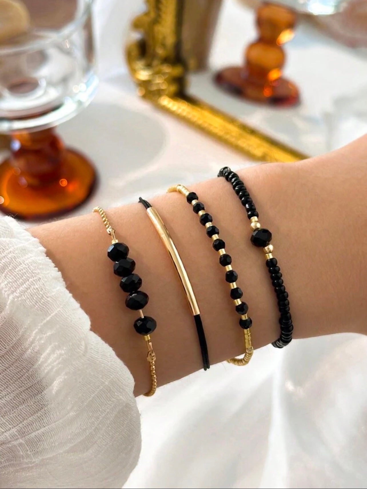 4pc Black & Gold Beaded Bracelet Stack – Handmade Party & Evening Jewellery