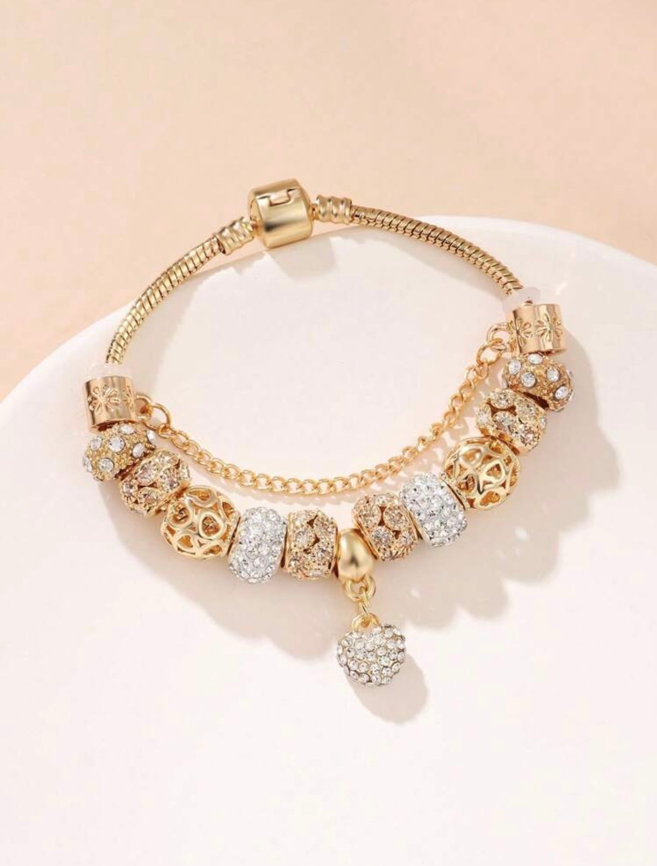 Pandora-Inspired Full Charm Heart Bracelet – Rhinestone-Embellished Luxury Style Jewellery – 17cm