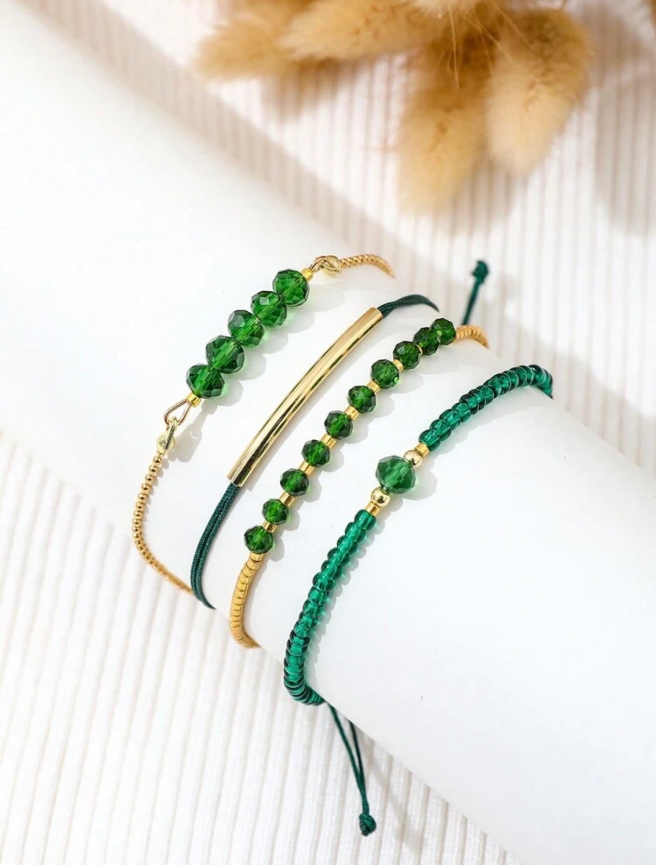 4pc Green & Gold Beaded Bracelet Stack – Handmade Party & Evening Jewellery