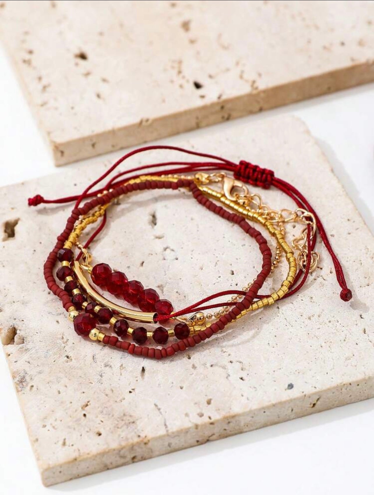 4pc Burgundy & Gold Faux Gemstone Bracelet Stack – Handmade Holiday & Party Jewellery
